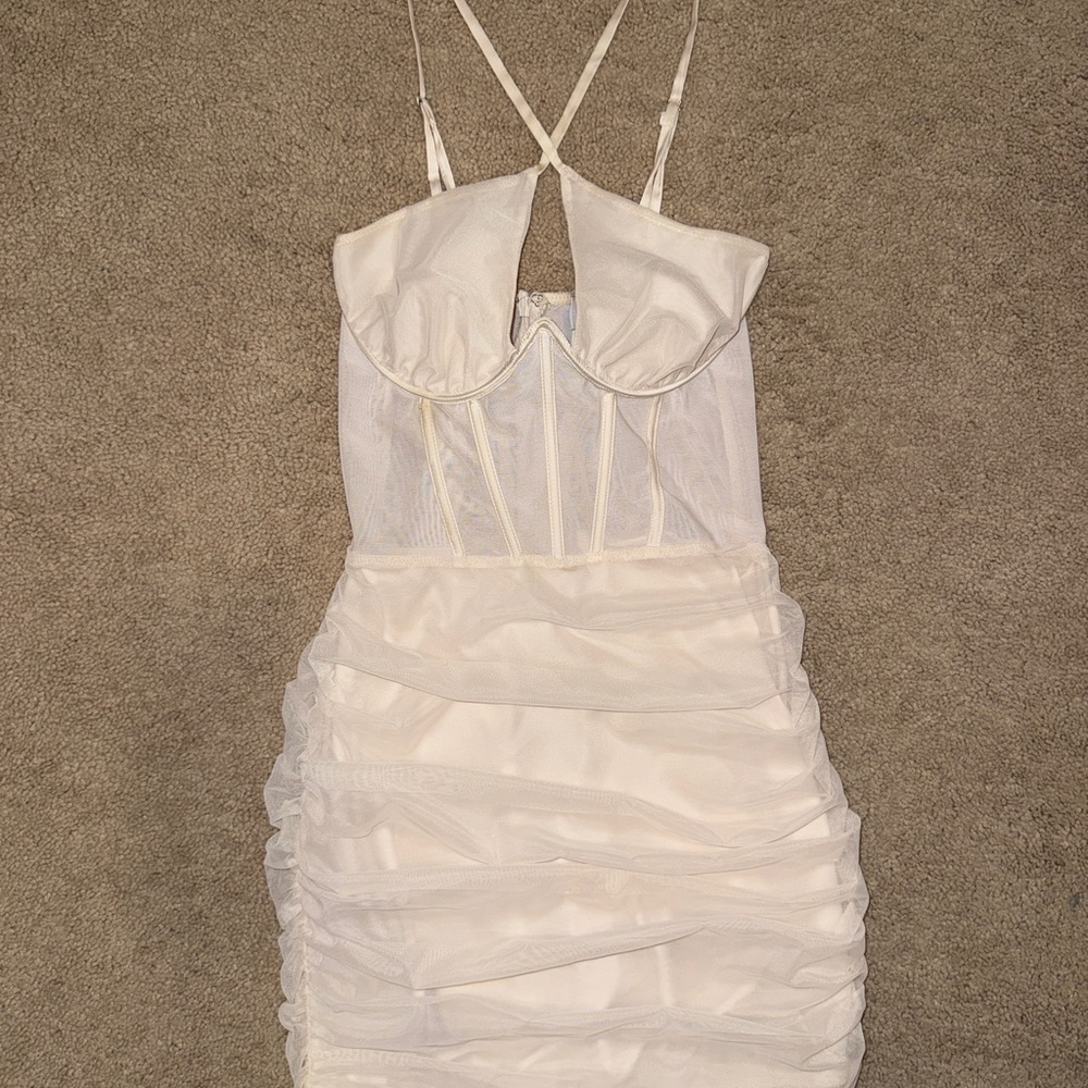 Oh Polly White Ruched Bustier Bodycon Mini Dress